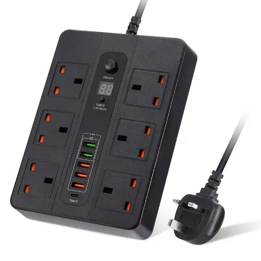 مشترك كهربائي بقوة 3000 واط مع 6 مقابس كهرباء و4 منافذ Type-C ومنفذين USB-A